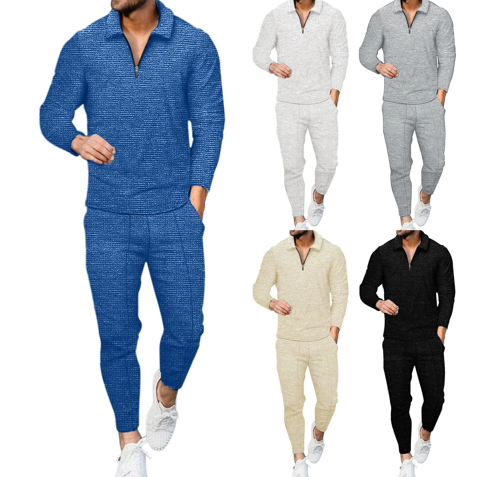 

Men's Waffle Suit Long-sleeved Striped POLO Shirt Suit Fashionable Casual Zipper Lapel Suit.