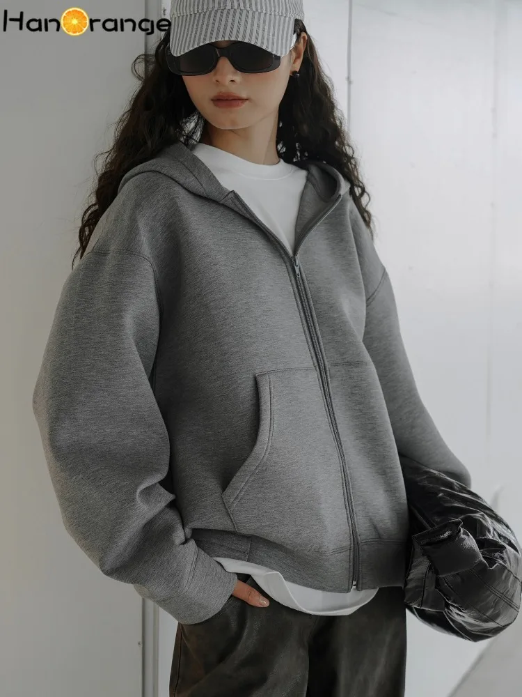 HanOrange 2024 Spring Autumn Sports Air Layer Hoodie Women Loose Silhouette Zipper Hooded Sweatshirt Light Gray/Mixed Gray