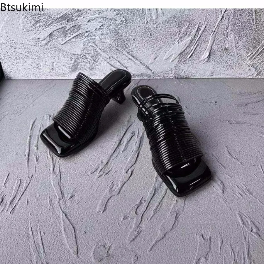 جديد 2025 الصيف المرأة ساحة تو خنجر الصنادل لامعة بلون عالية الكعب عادية نصف أحذية مفتوحة للنساء الصنادل #5