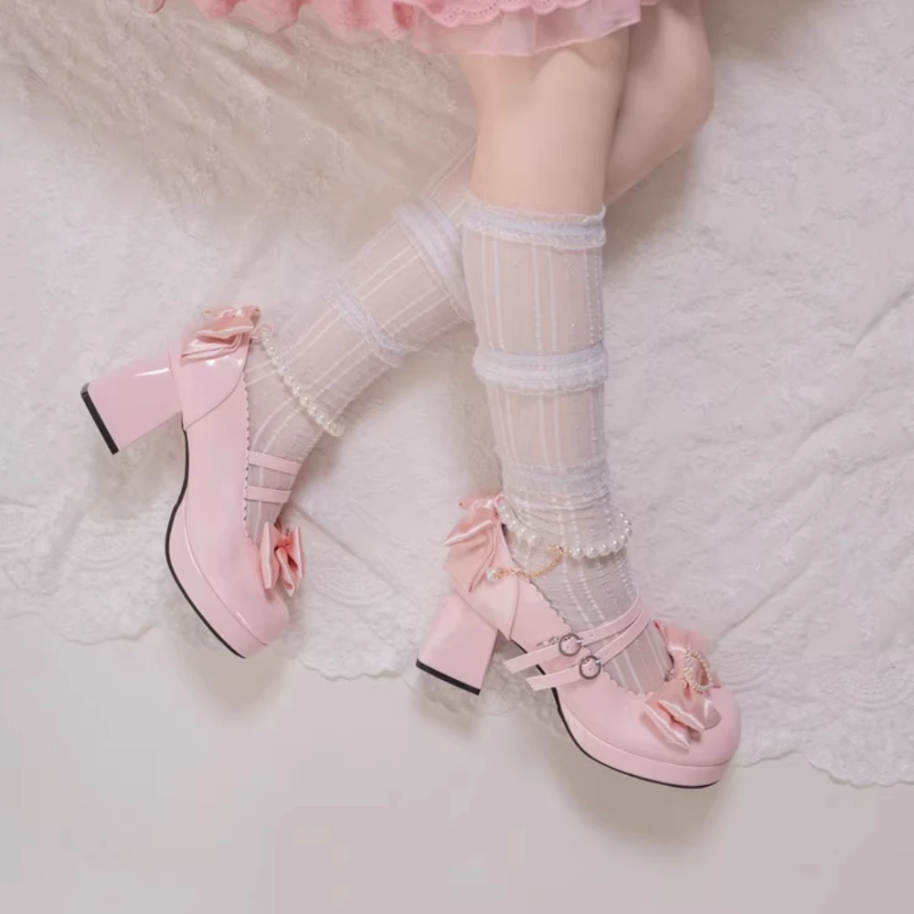 

Лолита, милые туфли-лодочки на высоком каблуке на массивной платформе, женские туфли Мэри Джейн с бантом и жемчугом, кожаные розовые летние туфли для женщин