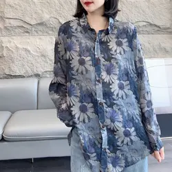 Fashion Floral Printed Blouse Vintage Spring Autumn Loose Single-breasted Commute Female Clothing Casual Turn-down Collar Shirt