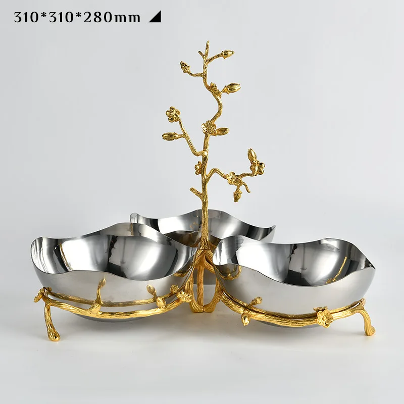 فيلا فاخرة خفيفة فروع ذهبية أوراق فضفاضة ثلاثة شبكات أطباق فاكهه من الفولاذ المقاوم للصدأ طبق سلطة أوروبي فاخر خفيف #5