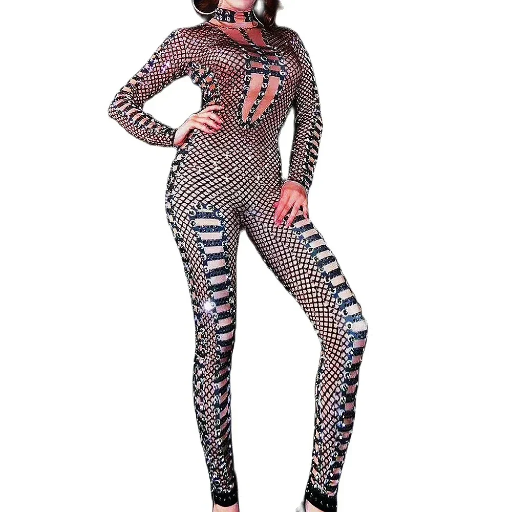 

Black Mesh Transparent Skinny Elastic Jumpsuits Sparkly Rhinestones Women Body Suits Birthday Party Outfit Nightclub Costumes
