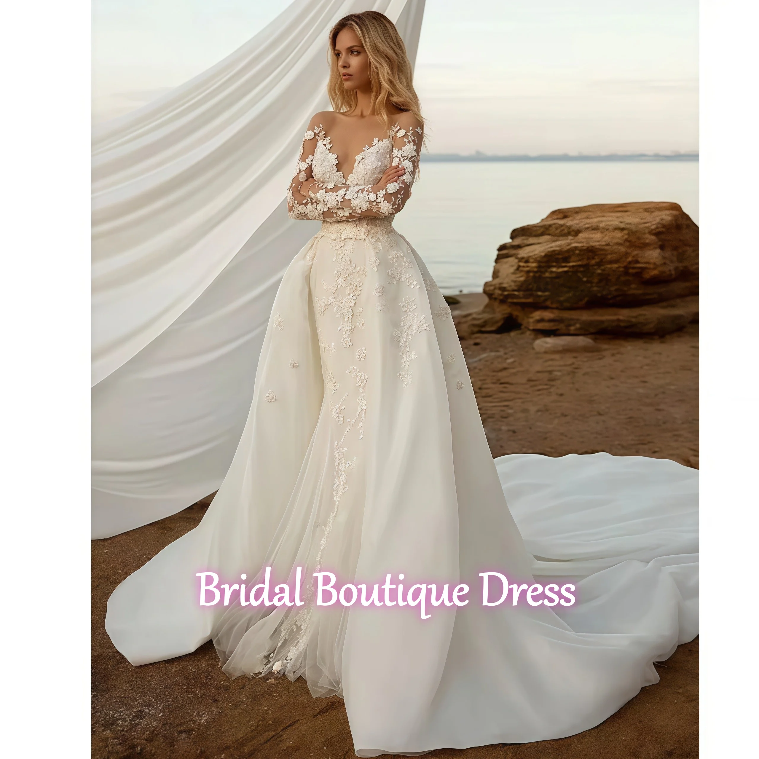 

Customized Detachable 2 in1Lace White Wedding Dresses 2026 Women V-neck Mermaid Button Bridal Gowns Vestidos De Novia