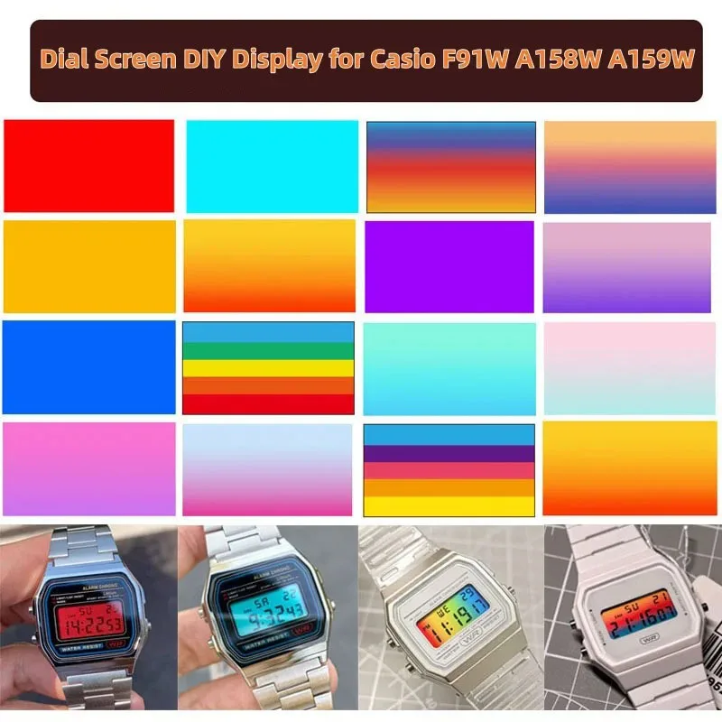 Tela de Mostrador Modificada para Casio F91W A158W A159W, Adesivo de Tela Quadrada Pequena, Película Gradiente Arco-Íris, Tela de Exibição DIY F91 A158