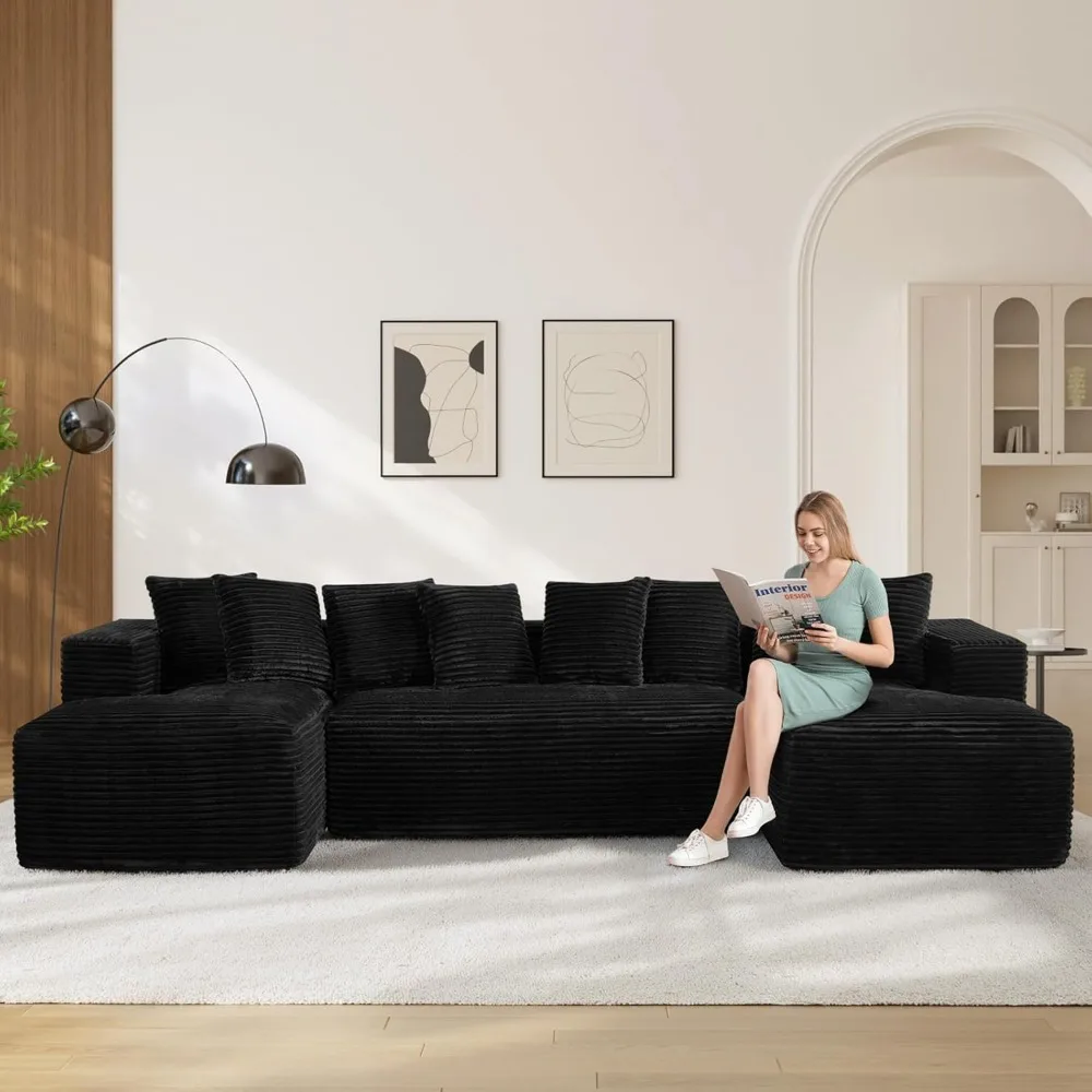 

Sectional Sofa Cloud Couch, 131 Black Boneless Couches for Living Room, Comfy Deep Seat Plush Corduroy Sofa, Modern Fluf