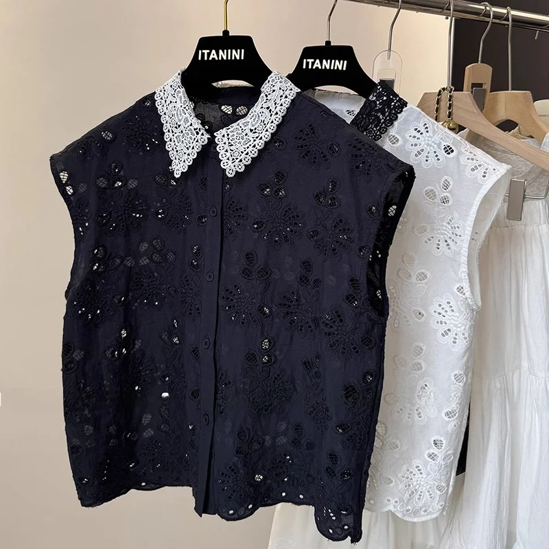 

Lace Collar Flower Embroidery Svel irt Women's Faion Summer New Sle Agel Versatile Ne Regular Length