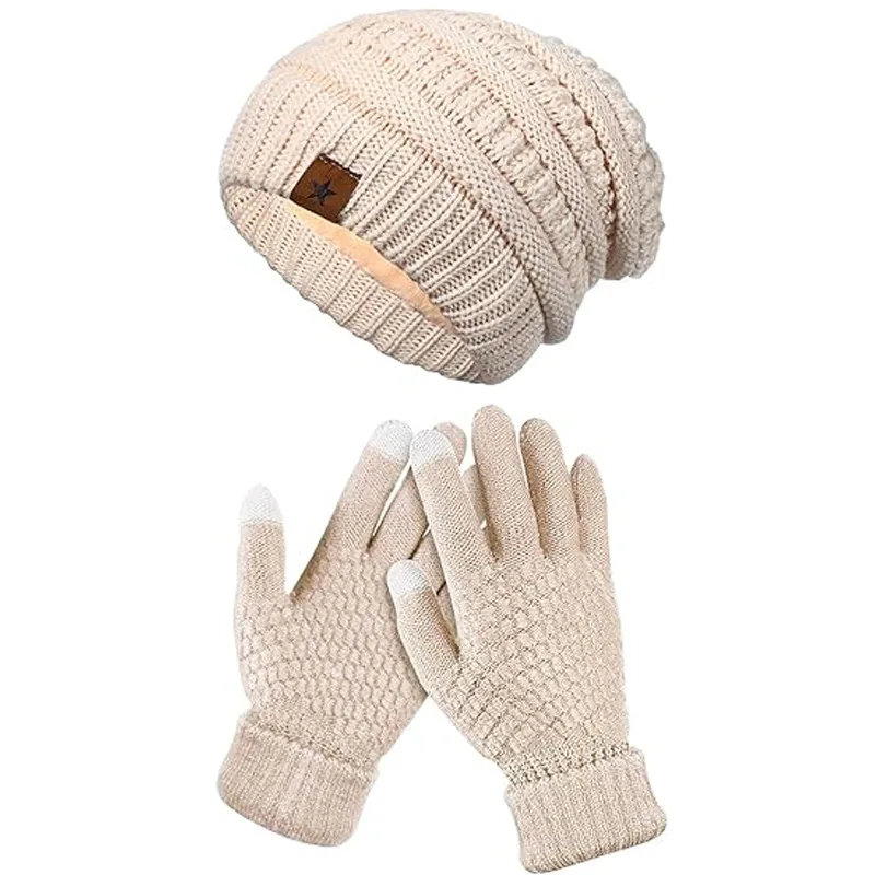 Gorro de invierno, guantes, gorros de invierno de punto de lana cálidos, conjunto de guantes para pantalla táctil, regalos de invierno para adultos unisex