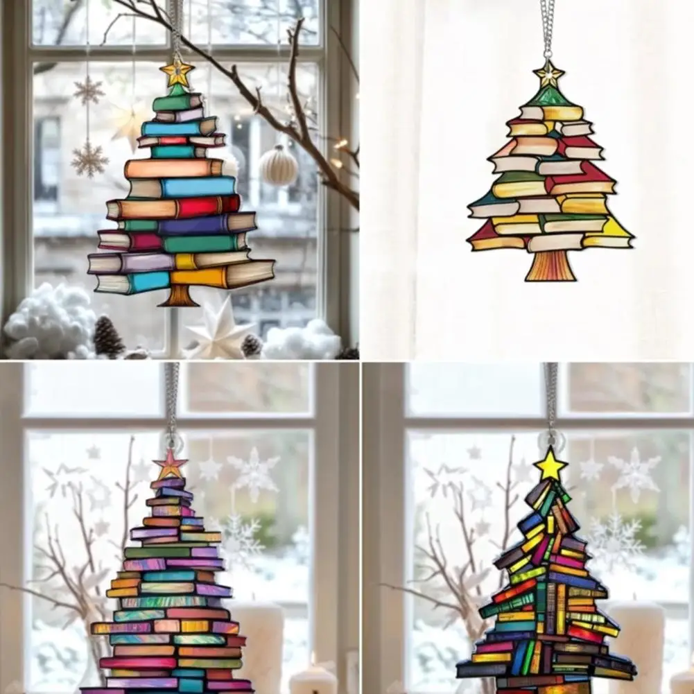 Christmas Tree Shaped Bookshelf Pendant Book Stacking Decoration Christmas Flower Wreath Acrylic Decoration New Year Decoration