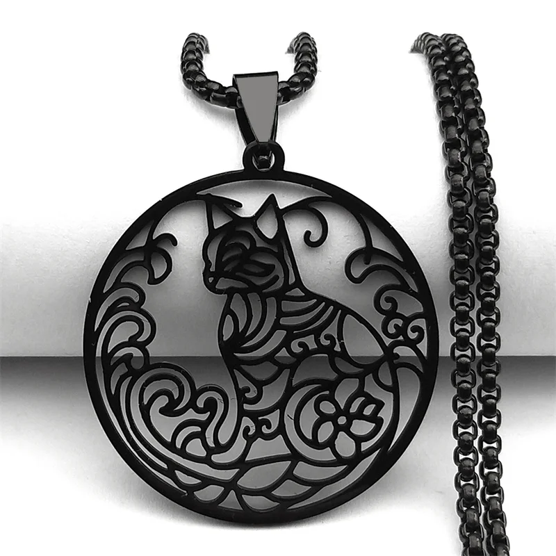 New Hip-Hop Style Stainless Steel Cat Personalized Pendant Necklace For Men Women Black Hollow Flower Animal Jewelry Gifts