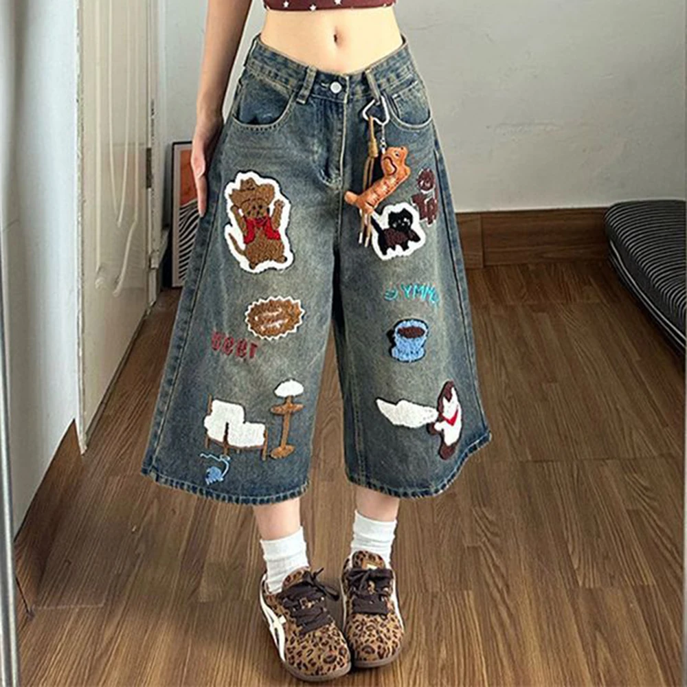 retro cartoon towel embroidery scimitar seven-point jeans women's trendy brand loose and versatile wide-leg straight shorts