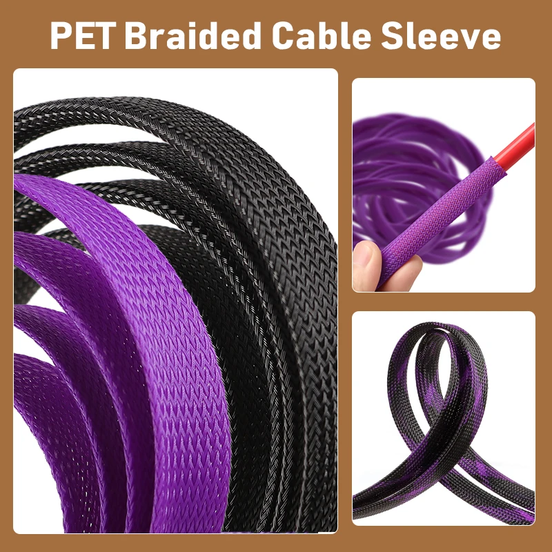 1 - 50m Expandable 2mm - 40mm PET Braided Cable Sleeve Purple Black High Density Insulated Wire Protection Wrap Sheath Sleeving