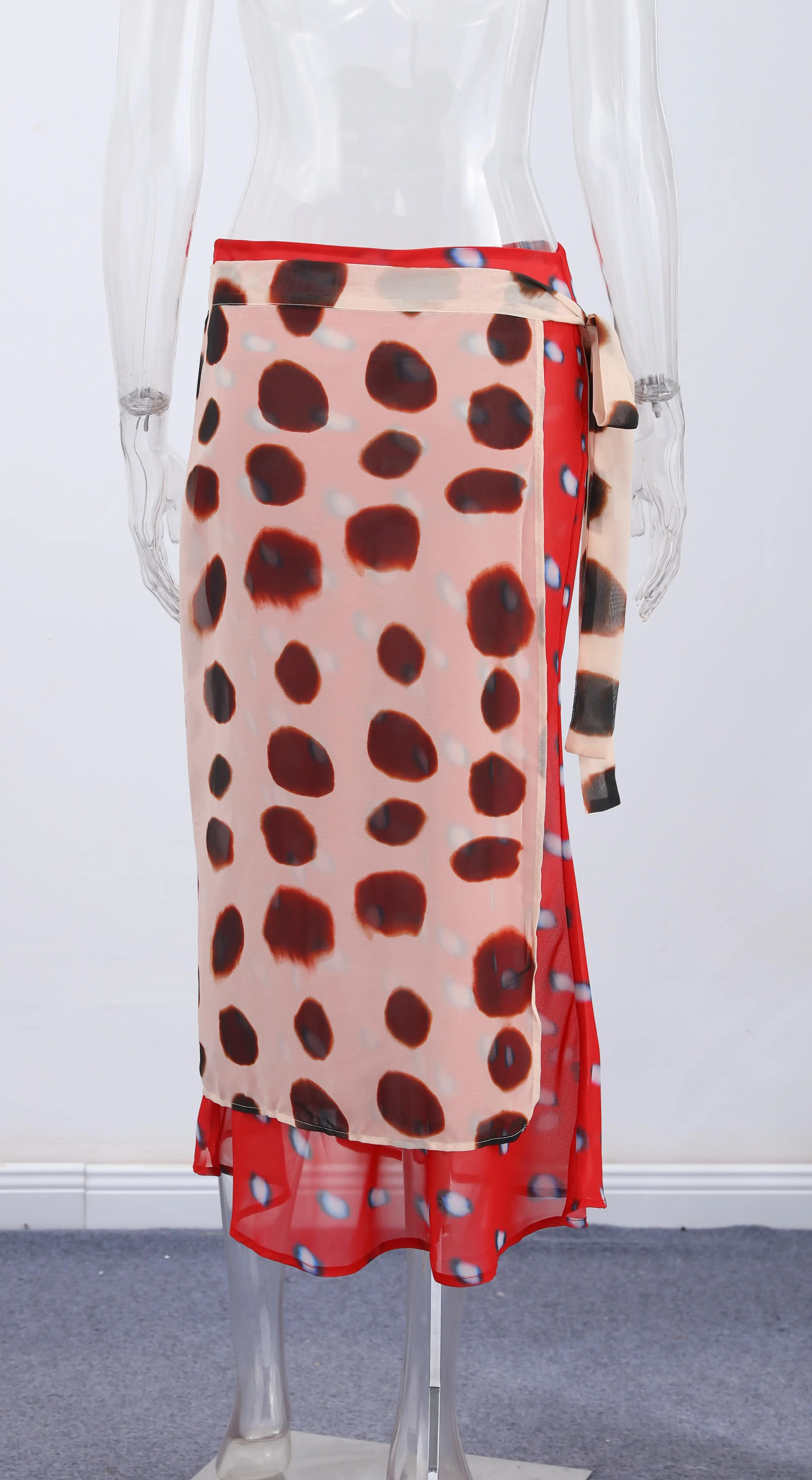 Two Tone Polka Dot Chiffon Wrap Skirt Women Tie Waist Asymmetric Hem Layered Midi Skirt For Summer Beach Vacation Casual Wear