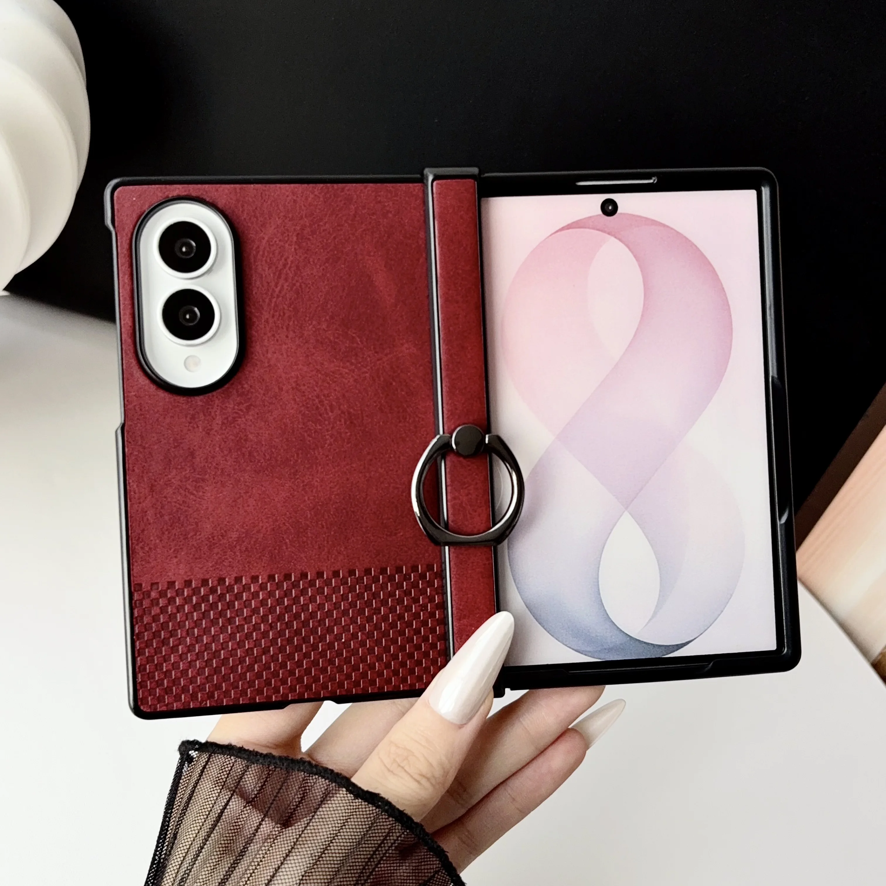 Luxury Leather Lattice Texture With Ring Phone Case For Samsung Galaxy Z Fold 8 Z Fold 8 Ultra Hinge Anti-Scratch Back Cover