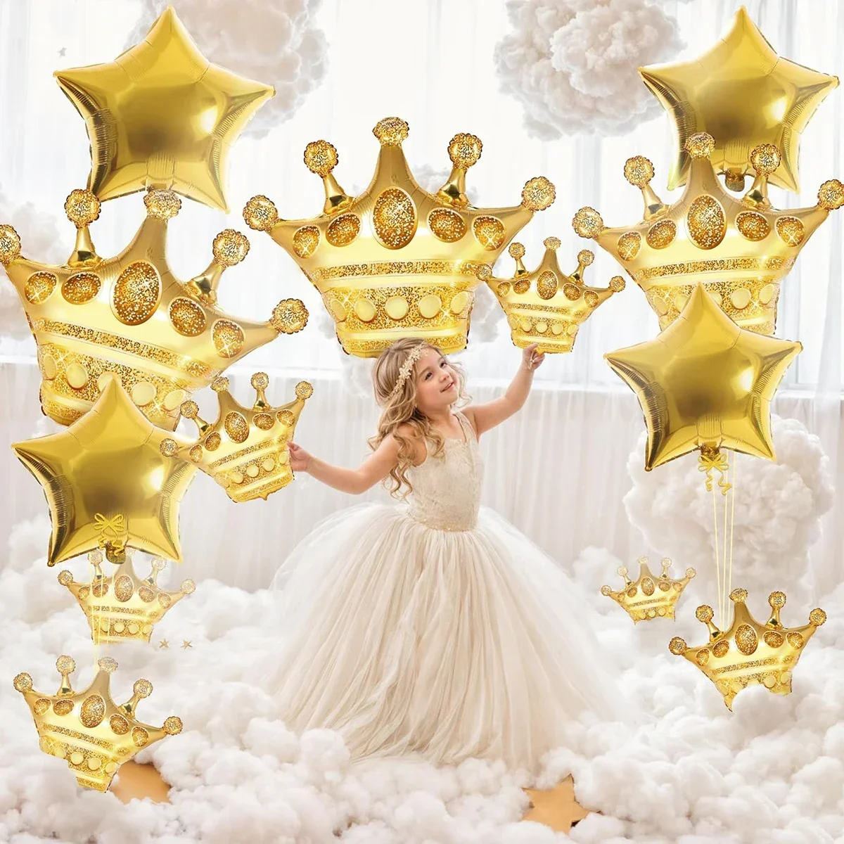 14 Stück große und kleine goldene Krone aus Aluminiumfolie, Ballon-Set, Party-Dekoration, Fotografie, Zimmer, Hochzeit, Babyparty-Zubehör