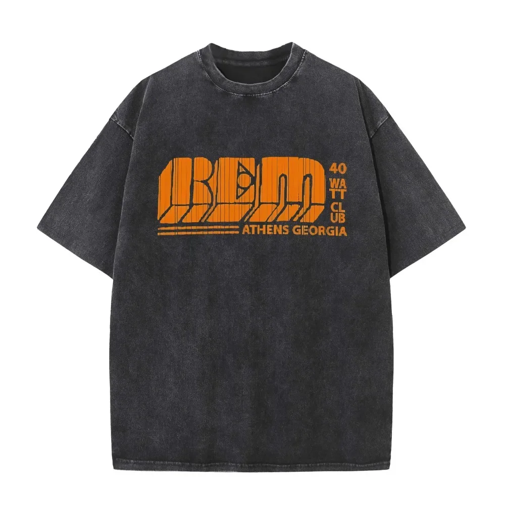 

2025 American retro washed old heavy cotton solid color short-sleeved Tshirt summer loose top tide washed T-shirt R.E.M.band