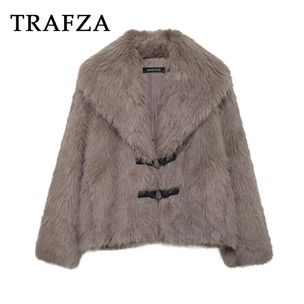 TRAFZA Fashion 2024 Winter Vintage Brown Faux Fur Turn-down Collar Furry Women Jacket Luxury Chic Night Party Elegant Outwear