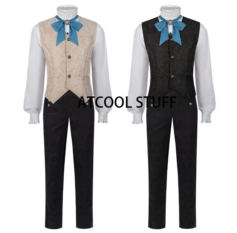 Man Medieval Edwardian Prince Waistcoat Shirt Pants Set Renaissance Jacket Victorian Cosplay Costume Frock Coat With Blue Tie