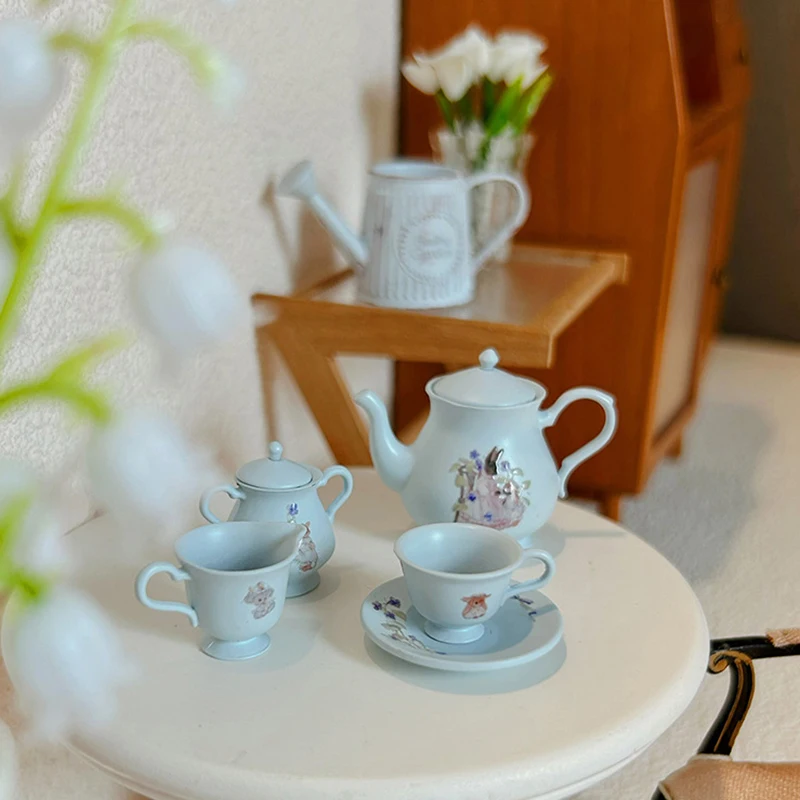 5Pcs/Set Doll House Miniature Porcelain Tea Cup Set Tableware Kitchen Dollhouse Teapot Miniature Scene Toy Model Kid Gift