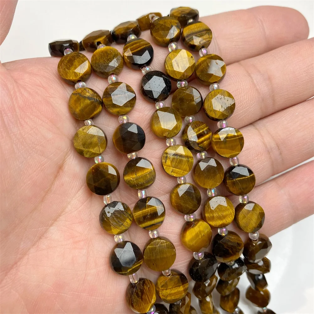 10MM Yellow Natural Tiger Eye Stone Beads Faceted Coin Shape Flat Spacer Round Gem Beads For Jewelry Making Wholesale