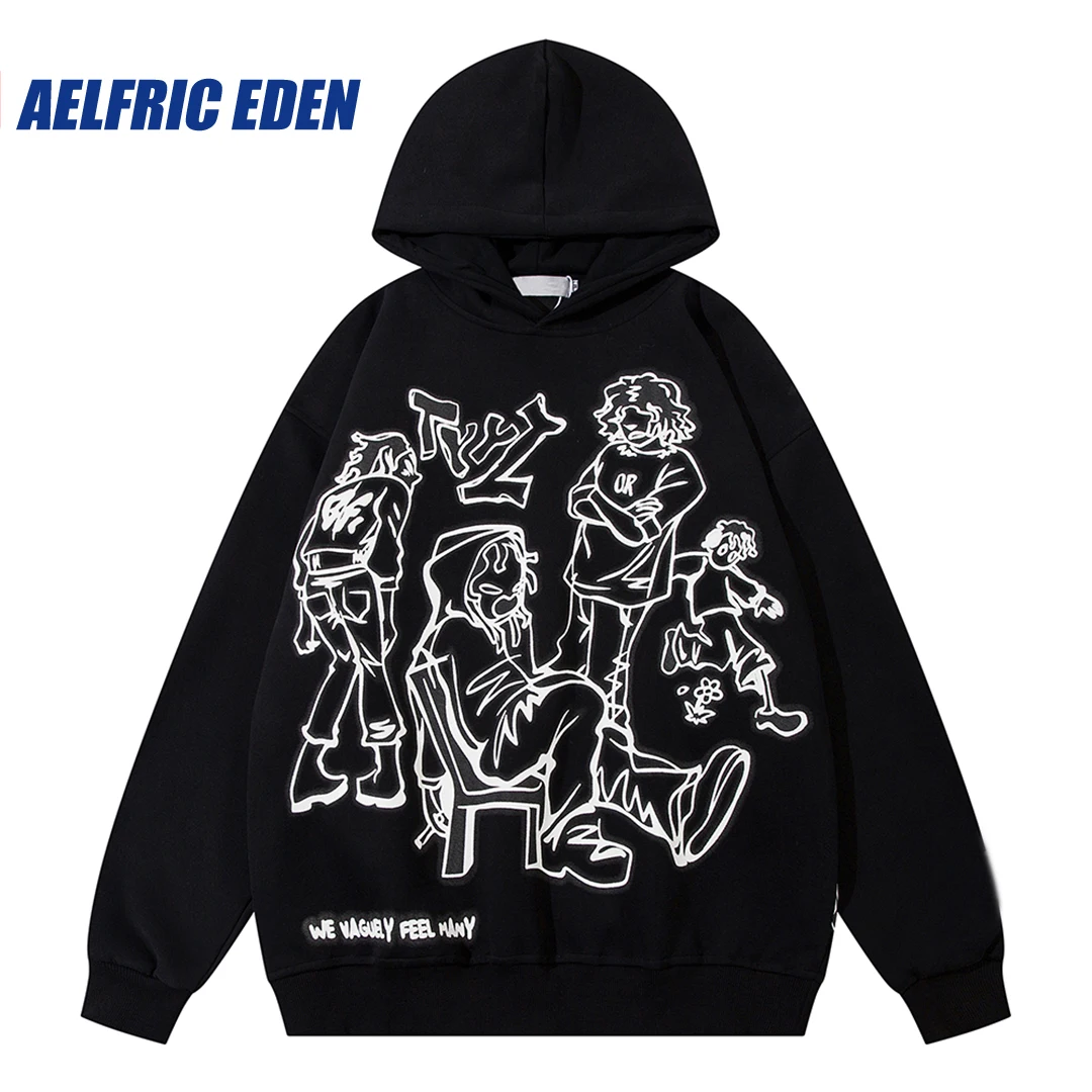 Aelfric Eden Mens Y2K Cartoon Line Character Print Hoodie Harajuku Hip Hop Sweatshirt Pullover Hooded Streetwear Casual Tops