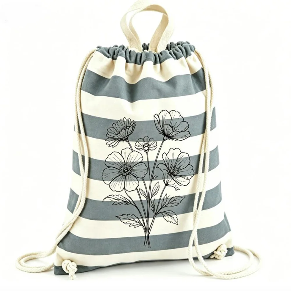 

Custom Drawstring Bag Personalized Flower Doodle Print Cotton Canvas Backpack Floral Line Art Daily Gift