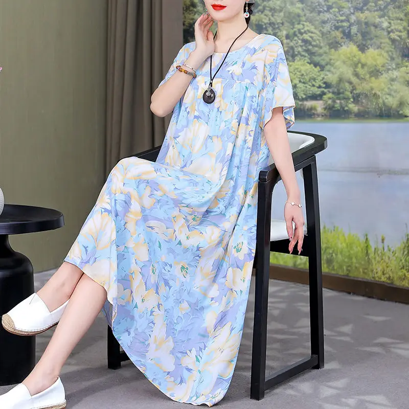 Female Clothing Casual O-Neck Midi Dress Loose Straight Summer Short Sleeve Vintage Broken Flowers Fashion Folds Commute Dresses