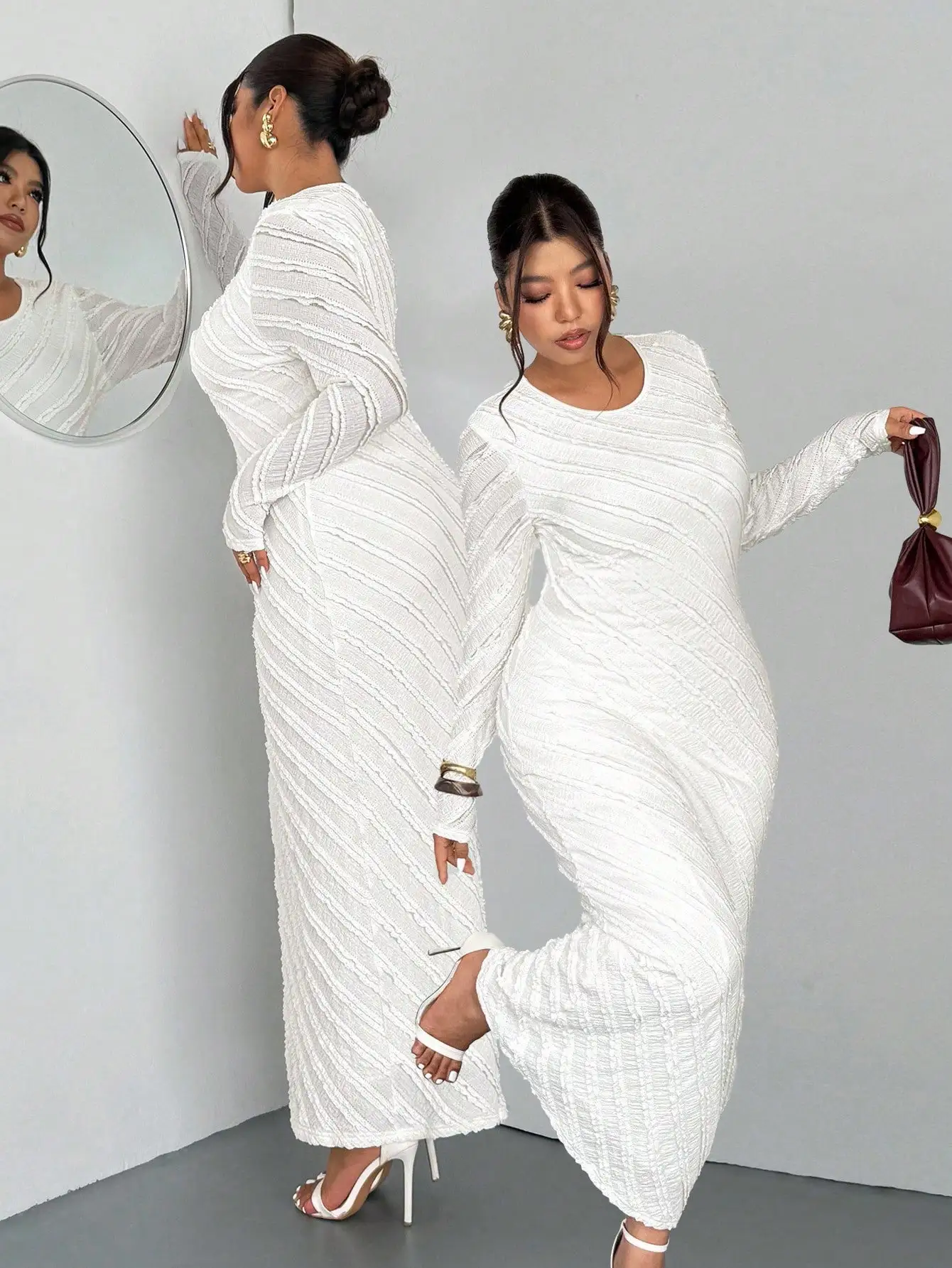 

White Jacquard Long Sleeve Cinched Waist Fishtail Hem Maxi Dress