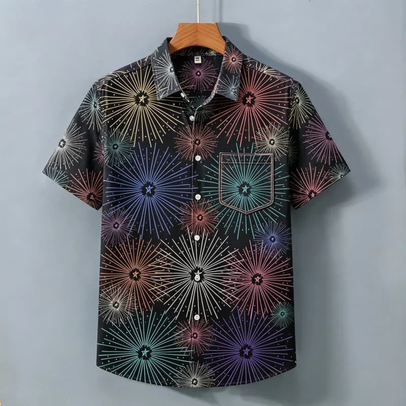 Men's Neon Line Element Printed Short Sleeved Shirt With pockets,  For Outdoor Activities And Romantic avant-garde aesthetics.
