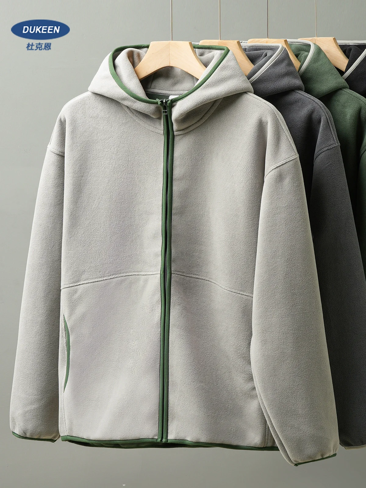 DUKEEN Men's Double-Sided Fleece Hoodie Autumn and Winter Warm Windbreaks 7A Antimicrobial Zipper Jackets for Men
