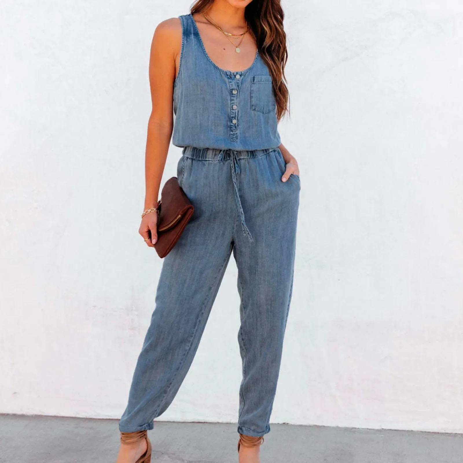 

Women Fashion Solid Color Denim Overalls One-piece Jumpsuits Overalls Denim Jeans Bib Trousers Long Pants Dungarees Ropa Mujer