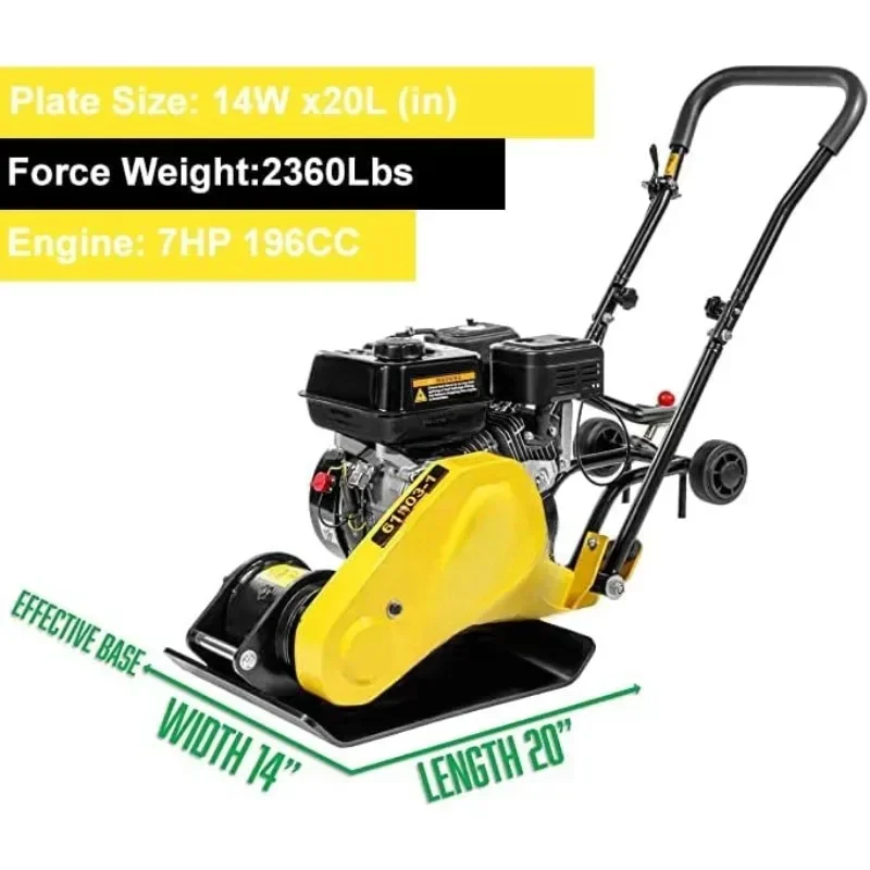 Forças de compactação de vibração de gás 7.0HP 5000VPM 5500MAX Compactor de placa de 20 x 14 polegadas com roda embutida. NOVO