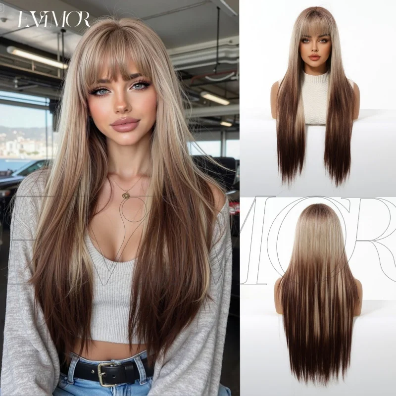 前髪付き女性用ウィッグ、ロングストレートヘア、グラデーションブラウン、レイヤード、ナチュラル、ボリューム感、染色、コスプレ用フルヘッドピース