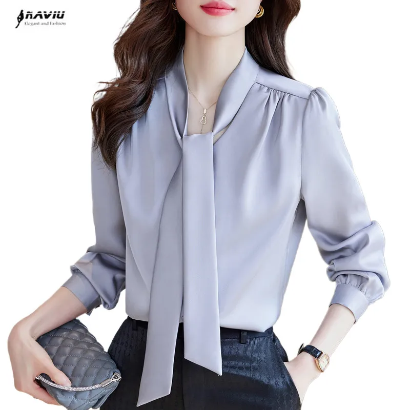 NAVIU Gray Bow Tie Shirt Women New 2023 Autumn Temperament V Neck Formal Long Sleeve Blouses Office Ladies Work Tops Champagne