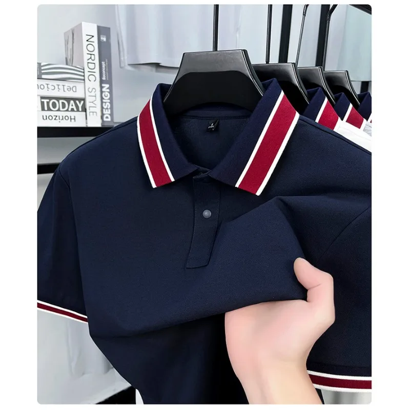 

Men s Polo Shirts Cotton Spandex Blend Contrast Rib Collar Snap Button Fashion Short Sleeve T shirt