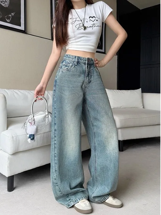 

High Waist Wide Leg Jeans plus Size Women's Loose Slimming Retro Versatile High Waist Hiding Hip Knife Trendy Denim Pants