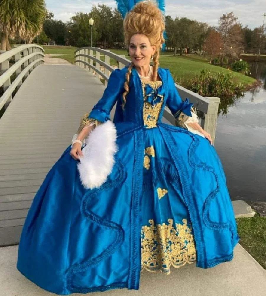 Nostalgic Blue Rococo Prom Dress With Gold Appliques Long Sleeves Ruffles Victorian Duchess Evening Dress French Baroque Party