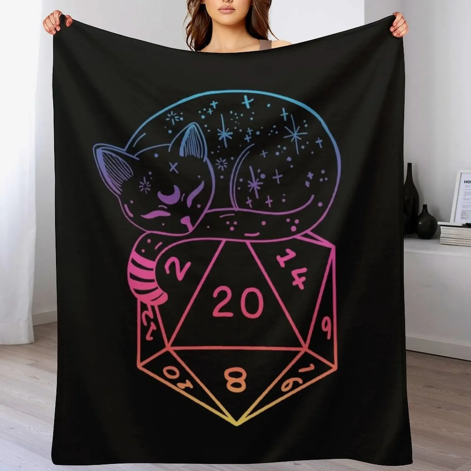 

D20 CAT: Rainbow dnd dice. Throw Blanket