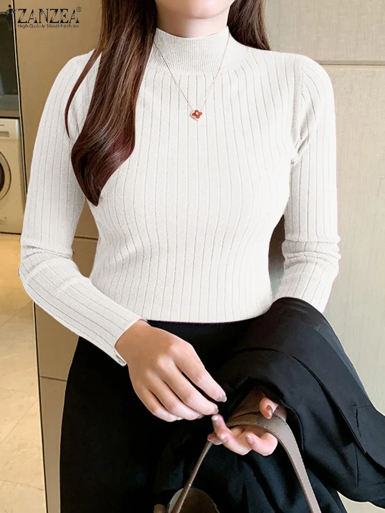 ZANZEA Elegant Women's Knitted T-Shirts 2025 Autumn Comfort Mock Neck Long Sleeve Solid Color Short Pullover Sweaters 6 Colors