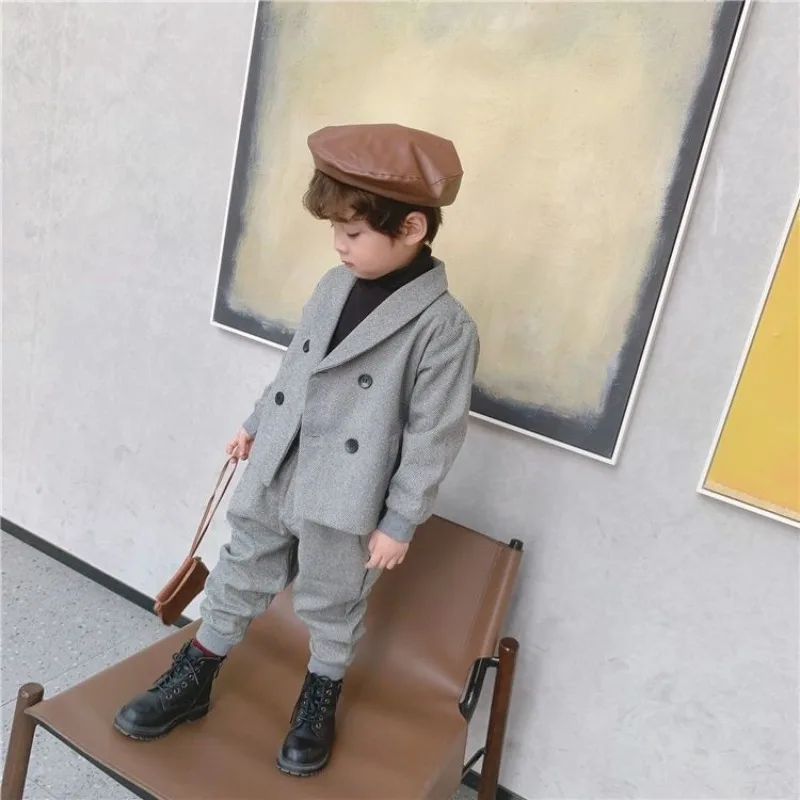 Boys Fleece Lined Suit Set Korean Style Casual Blazer British Style 2 Piece Outfit for Kids