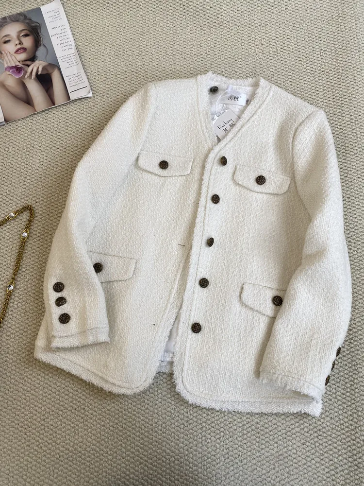 

New White jacket, high-end temperament, exquisite mid length wool top coat