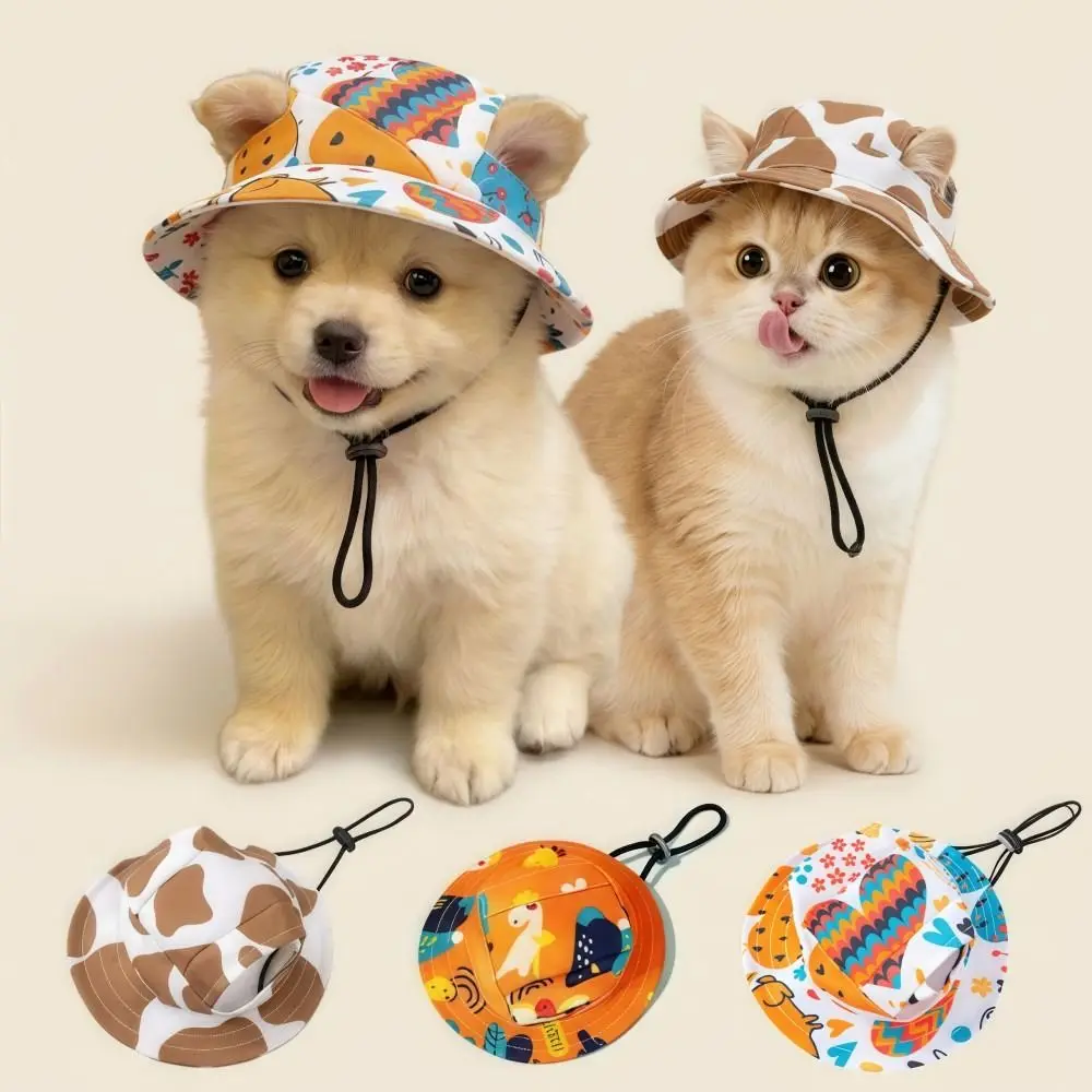 Breathable Cat Dog Sun Hat with Ear Holes UV Protection Pet Bucket Hat Adjustable Drawstring Lightweight Pet Cowboy Hat