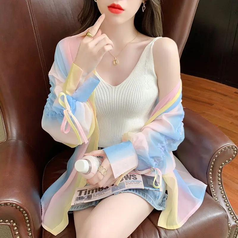 Casual Matching Women Sunscreen Coat Quick Dry Raincoat Chic Sweet Rainbow Lady's Hoodie UV Protection Thin Jackets Hiking Wh2