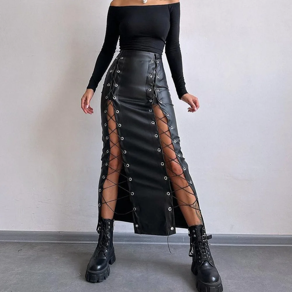 

Temperament Fashionable PU Leather Collage Splicing Sexy Solid Color Slim-fitting Split-ended Lace-up Long Hip-wrapped Skirt