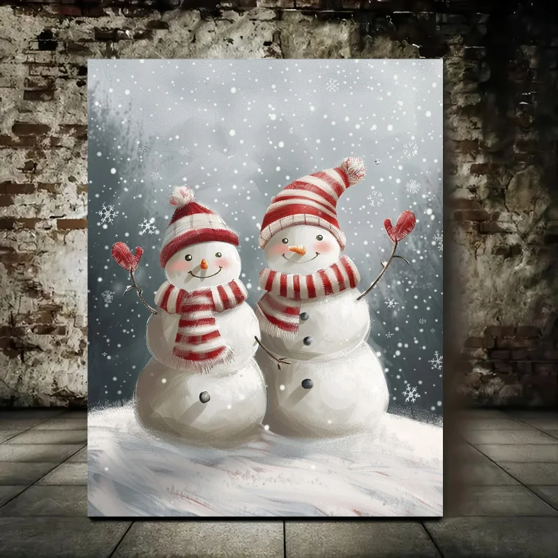 Charming Snowman Duo - Whimsical Airbrush-Style Canvas Art, Perfect For Cozy Living Spaces, 11.8X15.7 Inches, Wooden Frame Inclu