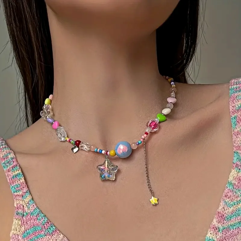 Collar de cadena de clavícula con cuentas de estrella de caramelo bohemio, accesorio de vacaciones colorido Y2K