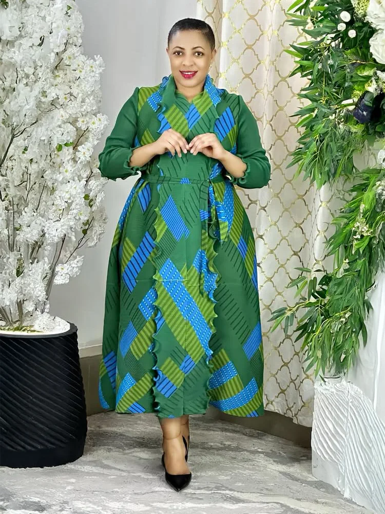 

Miyake Pleated Fashion Robe Dress Women V Neck Long Sleeve Print Sashes Loose Style Female New Tide 2025 Dresses