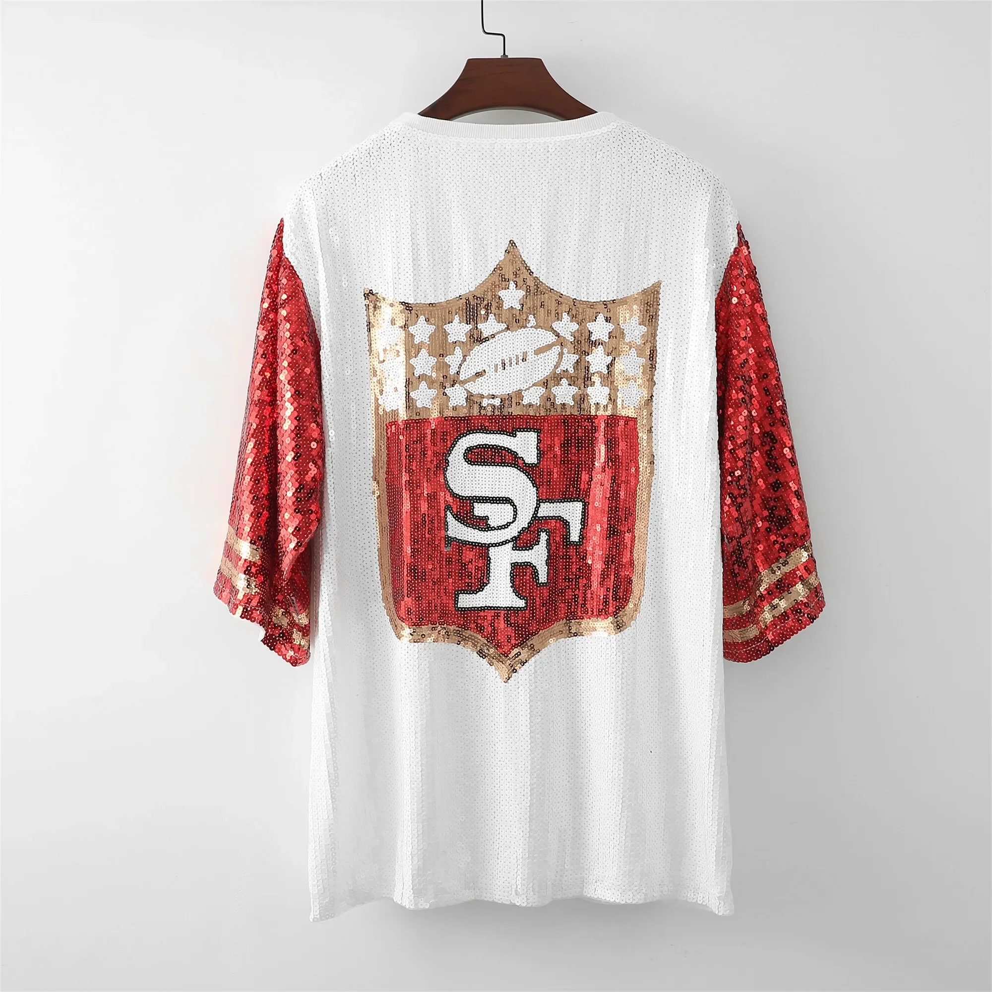 

2026 New Women's Half Sleeve Mid-long Length Football Uniform Team Sequin T-shirt Streetwear Letter Embroidery Oversized T Shirt