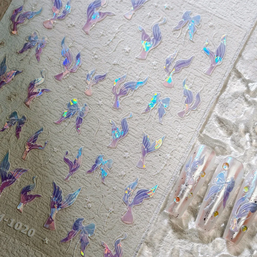 Mermaid Tail Sea Wave Shell Star Fish Conch ปลาดาว Seahorse ฤดูร้อนสีฟ้าระลอกน้ําเล็บสติกเกอร์กาวเล็บ Decal