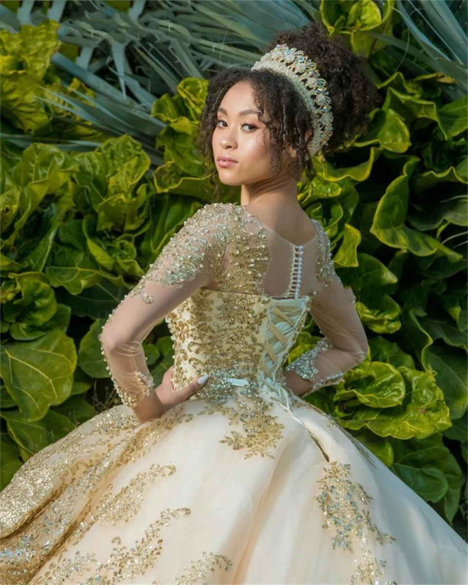 2023 mangas compridas querida renda quinceanera vestidos beading espumante vestido de festa formal requintado robes de bal vestidos de 15